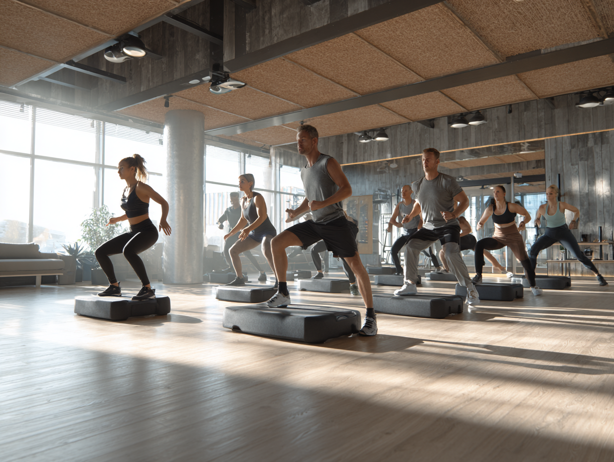 Různorodá skupina lidí při fitness aktivitách